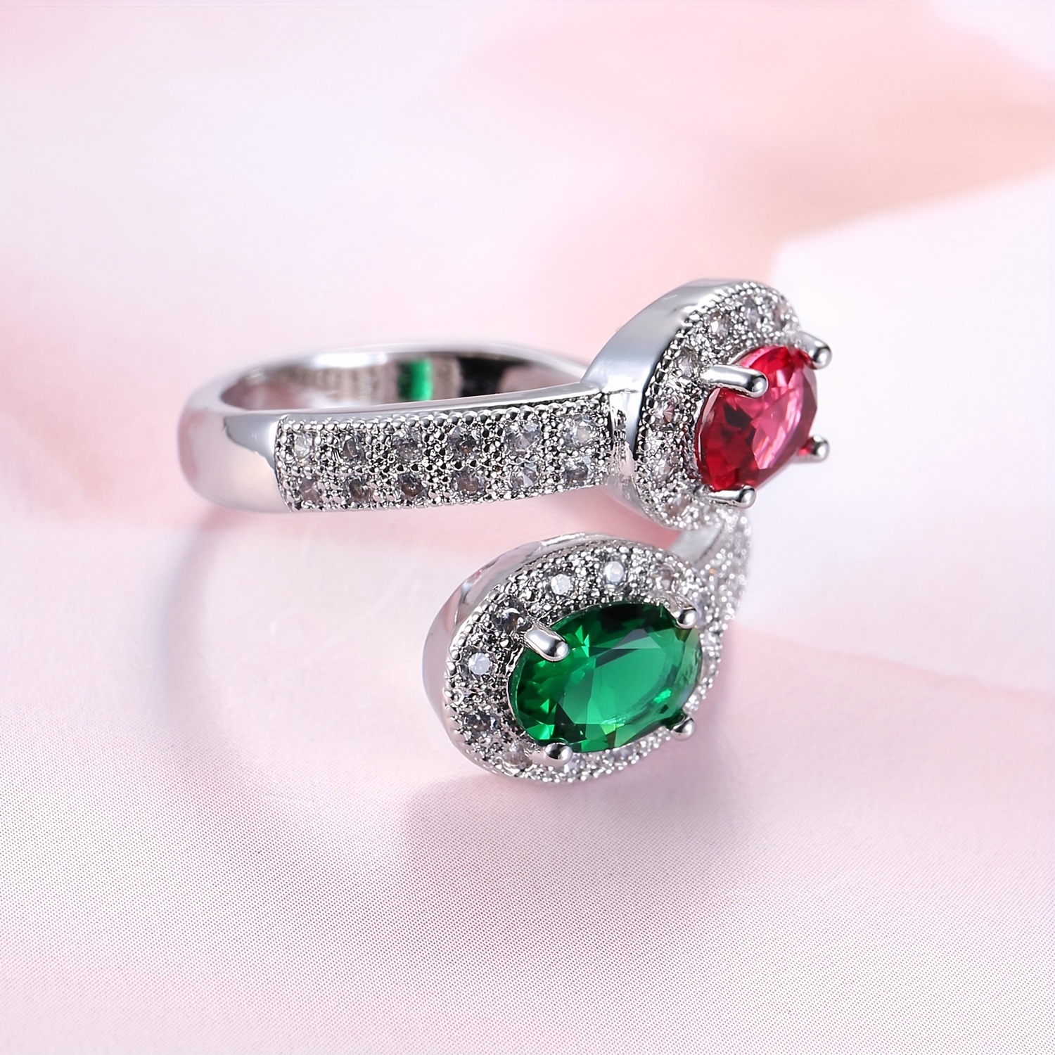 Boho Unisex Wedding Proposal Ring Red & Green Zircon Copper Band